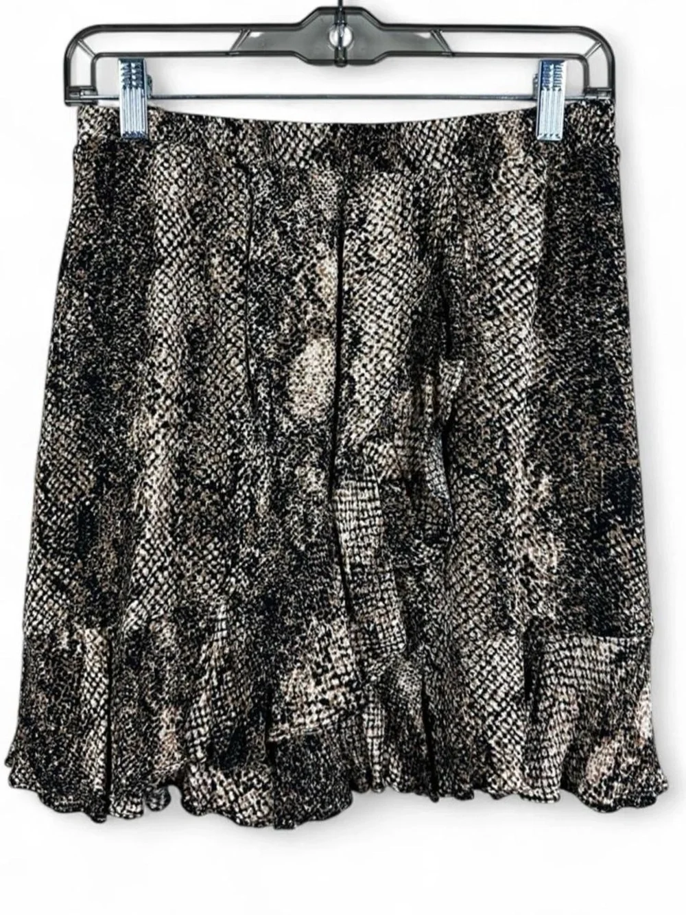 Scully black and beige snake print polyester mini skirt with ruffle hem